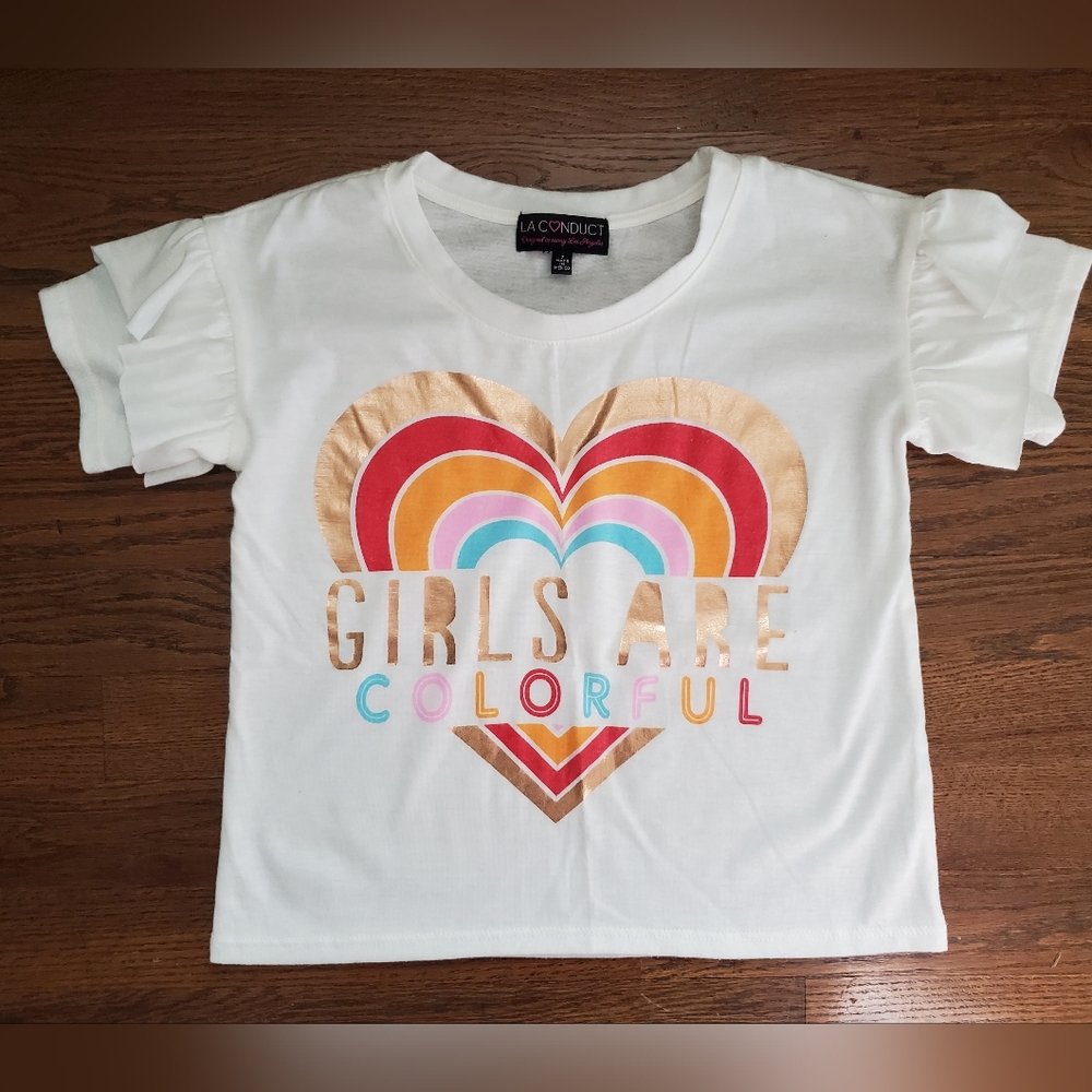 LA CONDUCT Girls 7 "Girls Are Colorful" ruffle sleeve tee